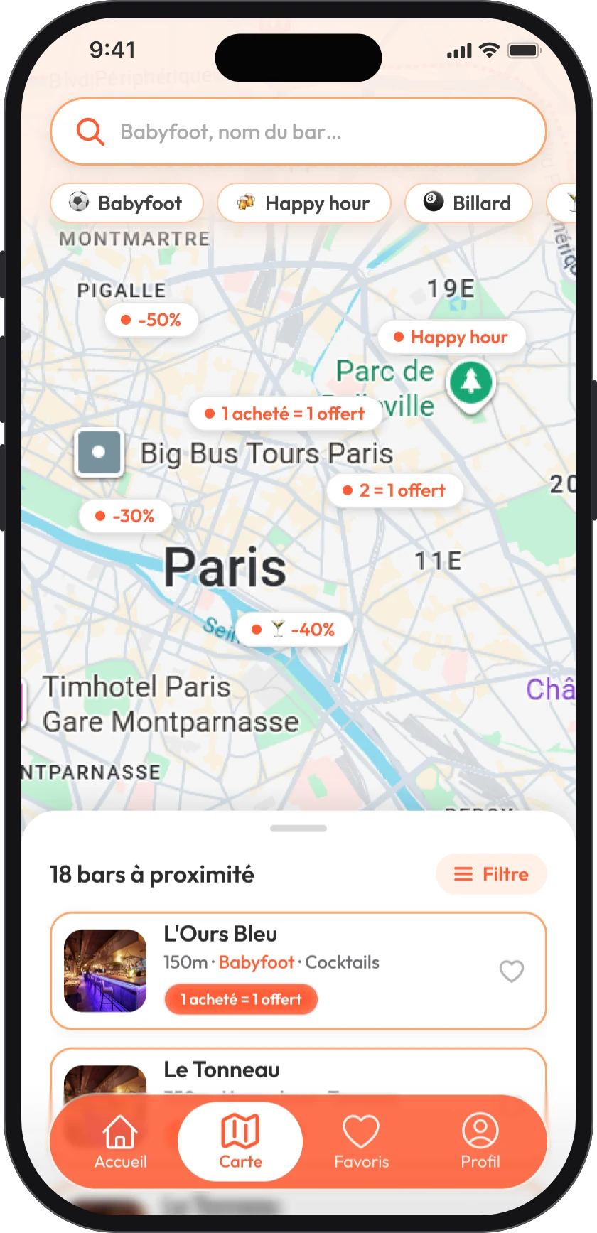 Carte des bars partenaires dans l’app Barry