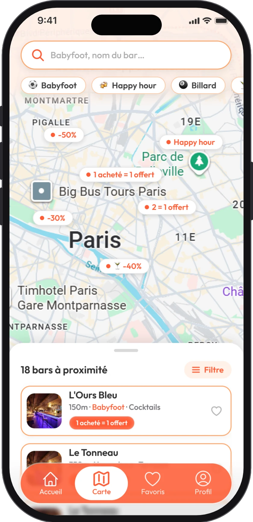 Carte des bars autour de toi dans l’app Barry