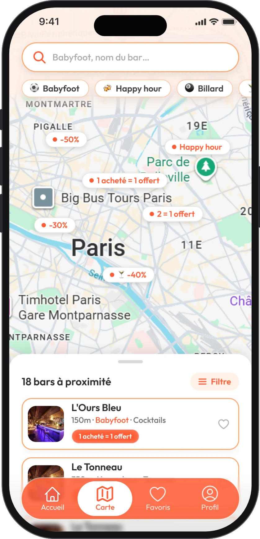 Carte des bars dans l’app Barry