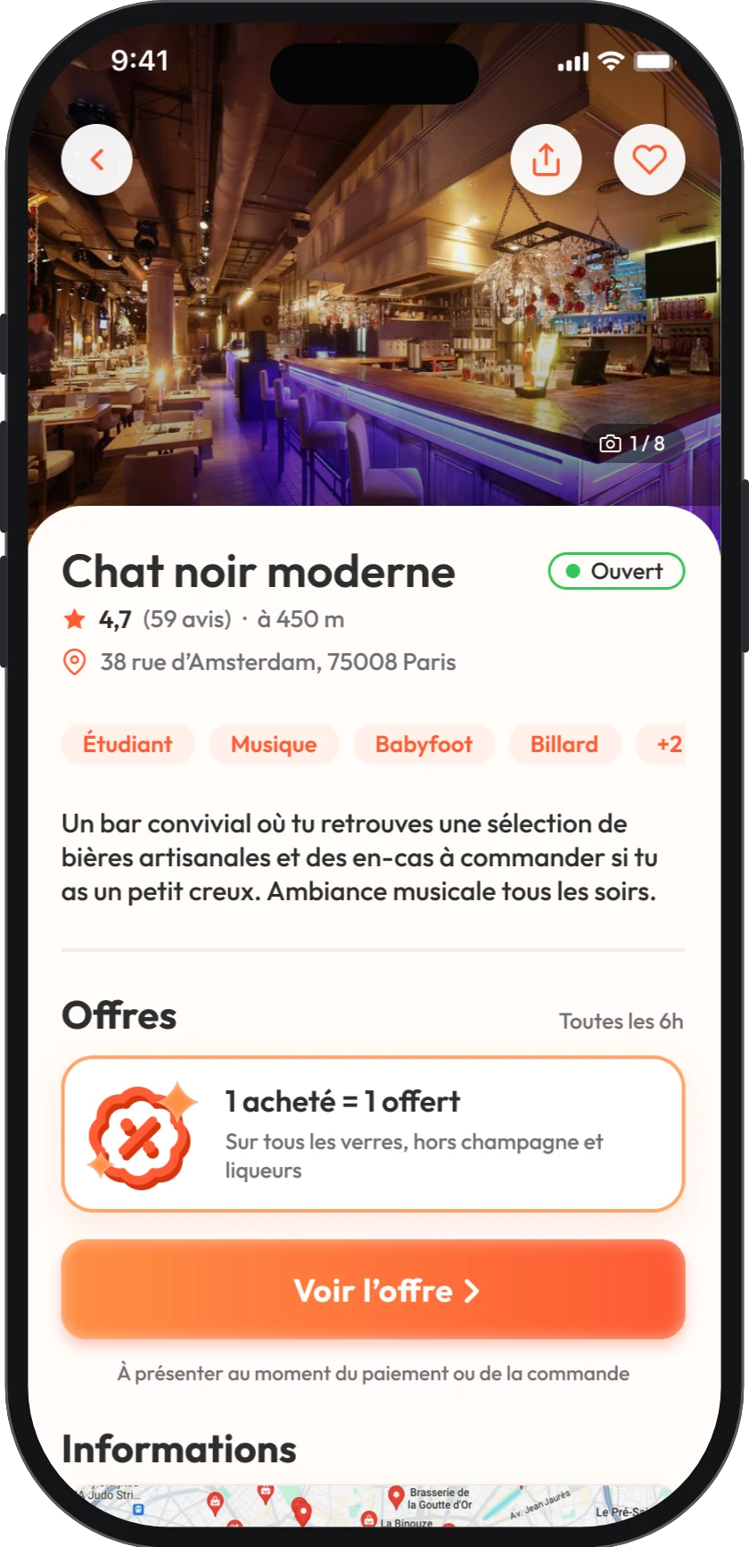 Fiche d’un bar avec ses offres dans l’app Barry