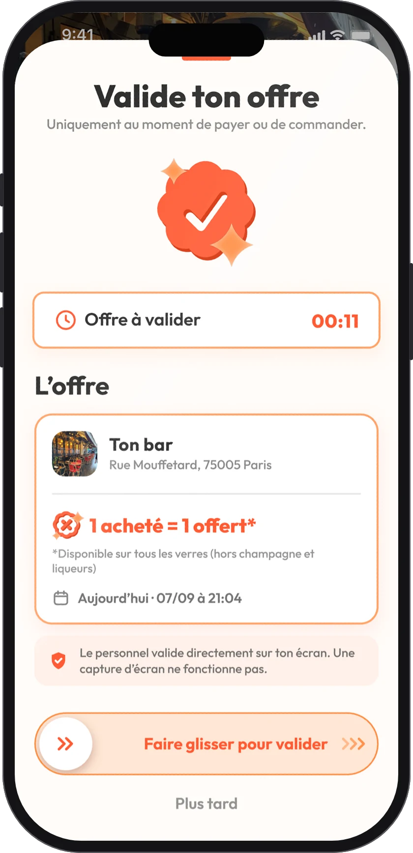 Validation d’une offre au comptoir dans l’app Barry