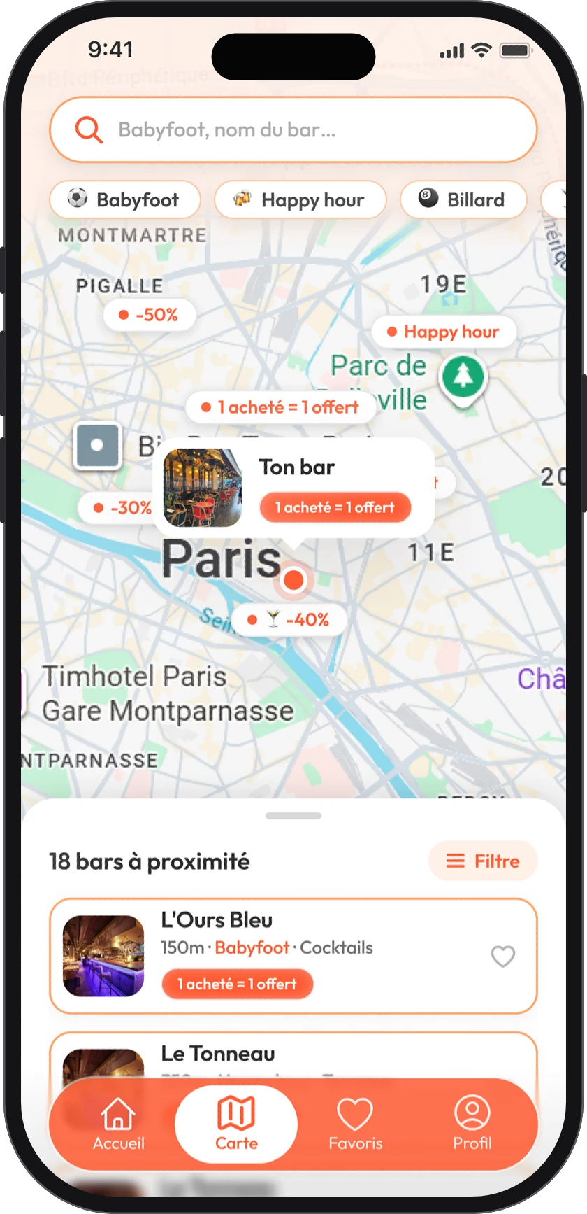 Ton bar sur la carte de l’app Barry