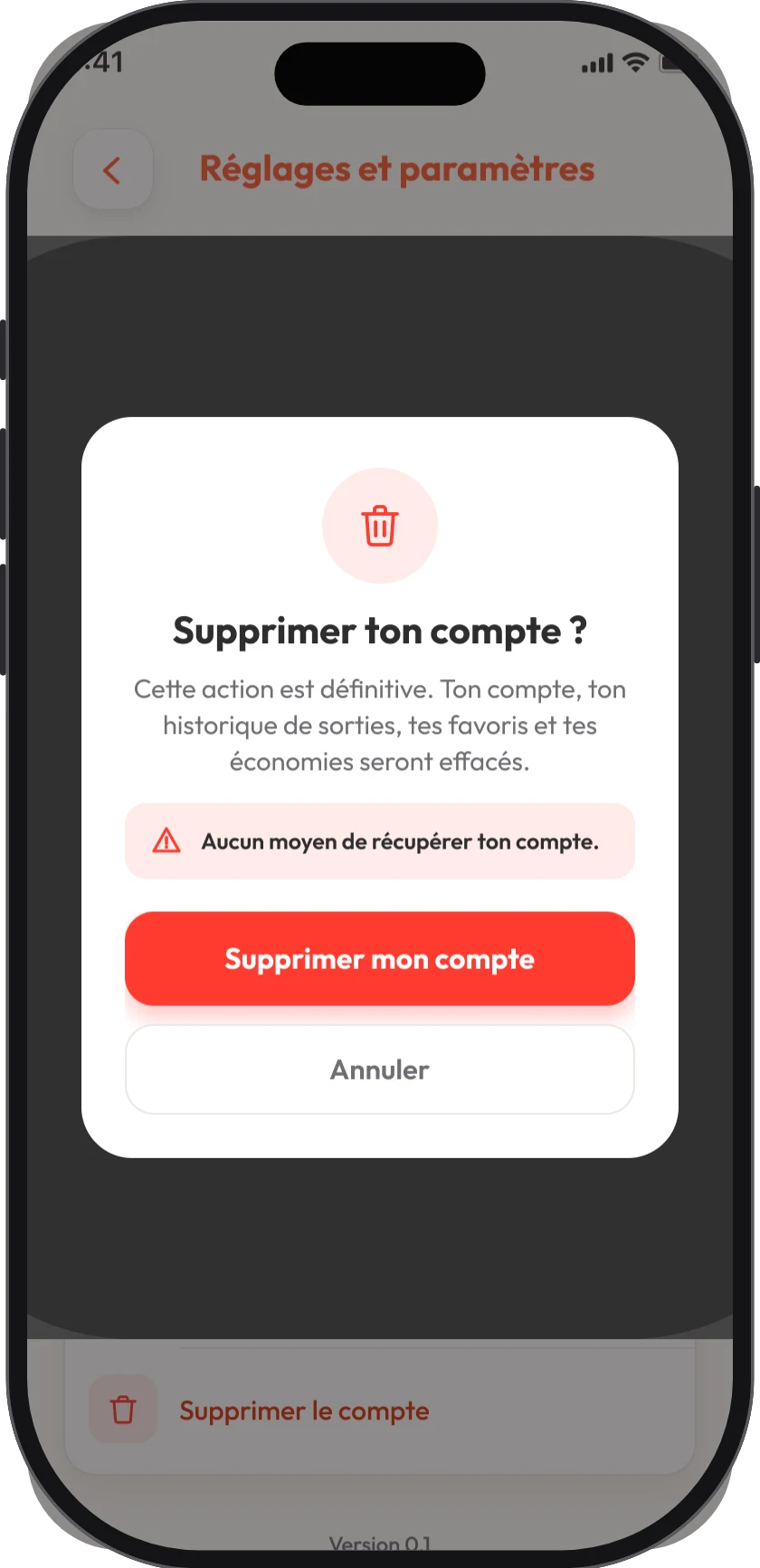 L’écran Réglages de l’app Barry, avec la confirmation de suppression du compte