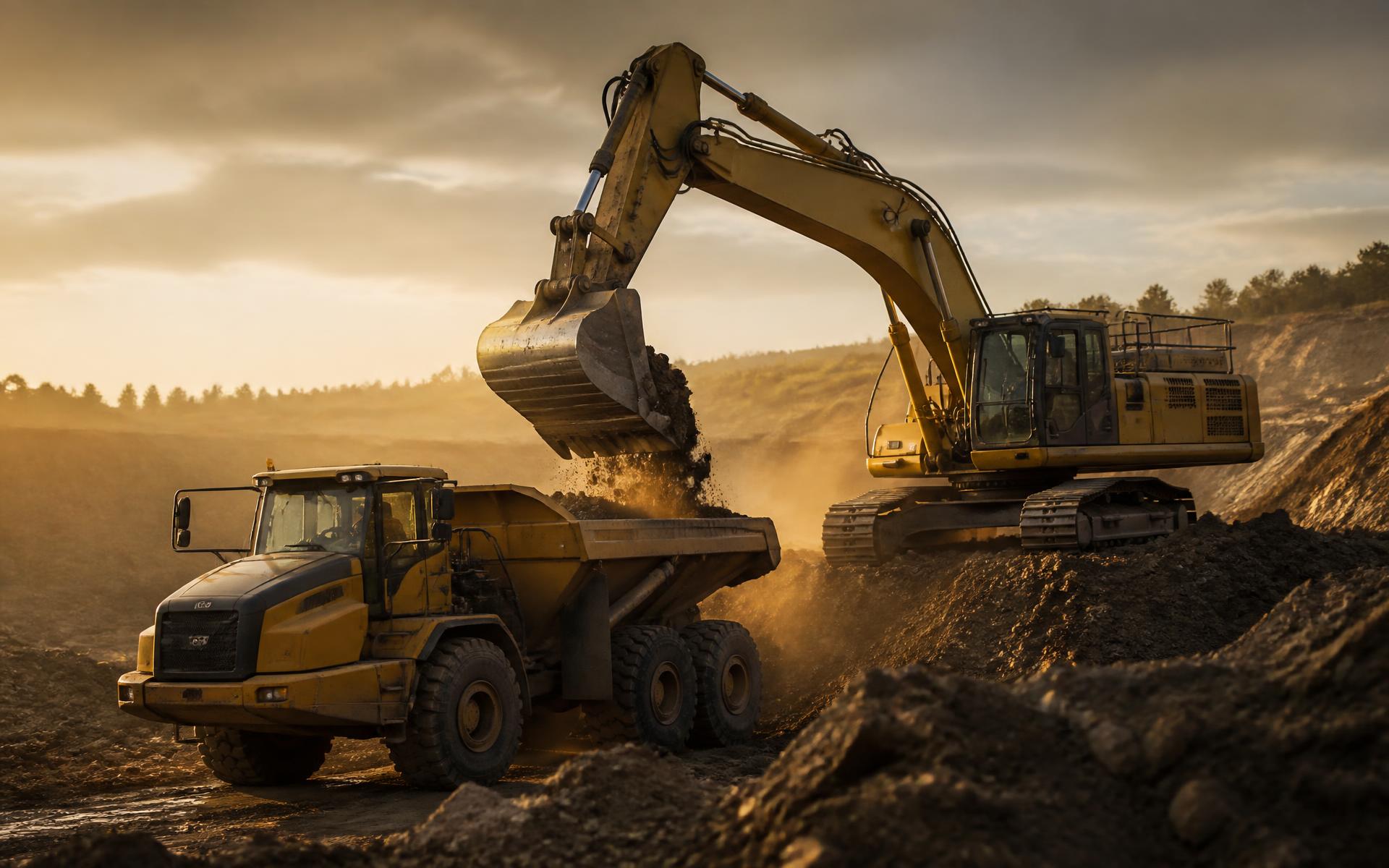 Heavy equipment working an excavation site at golden hour