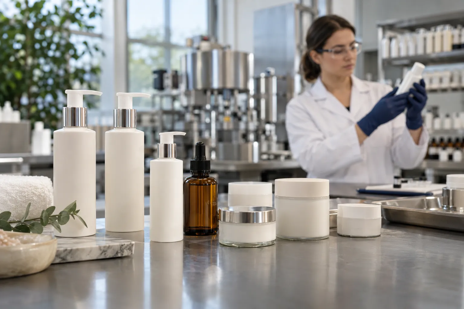 Beauty product professionals reviewing samples and quality documentation.