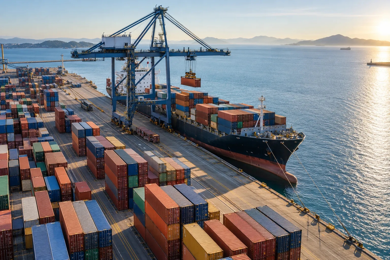 Container ship, cranes, and freight containers at an ocean cargo terminal.