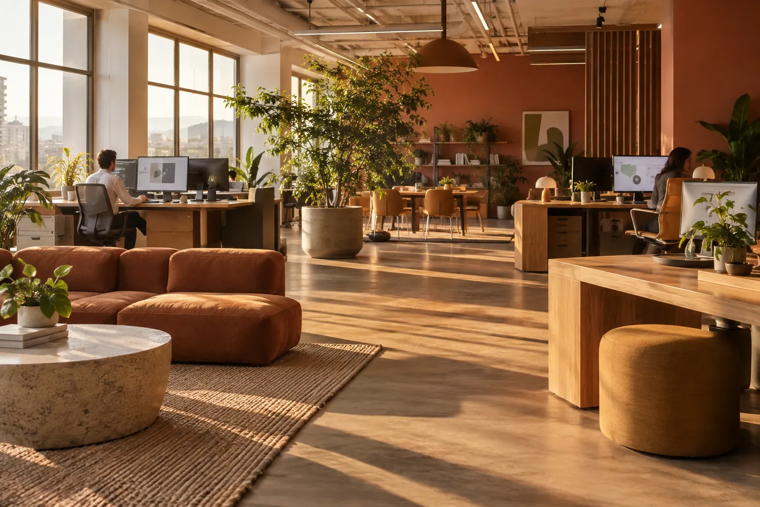 A spacious software-company workspace with warm wood desks and distant staff.
