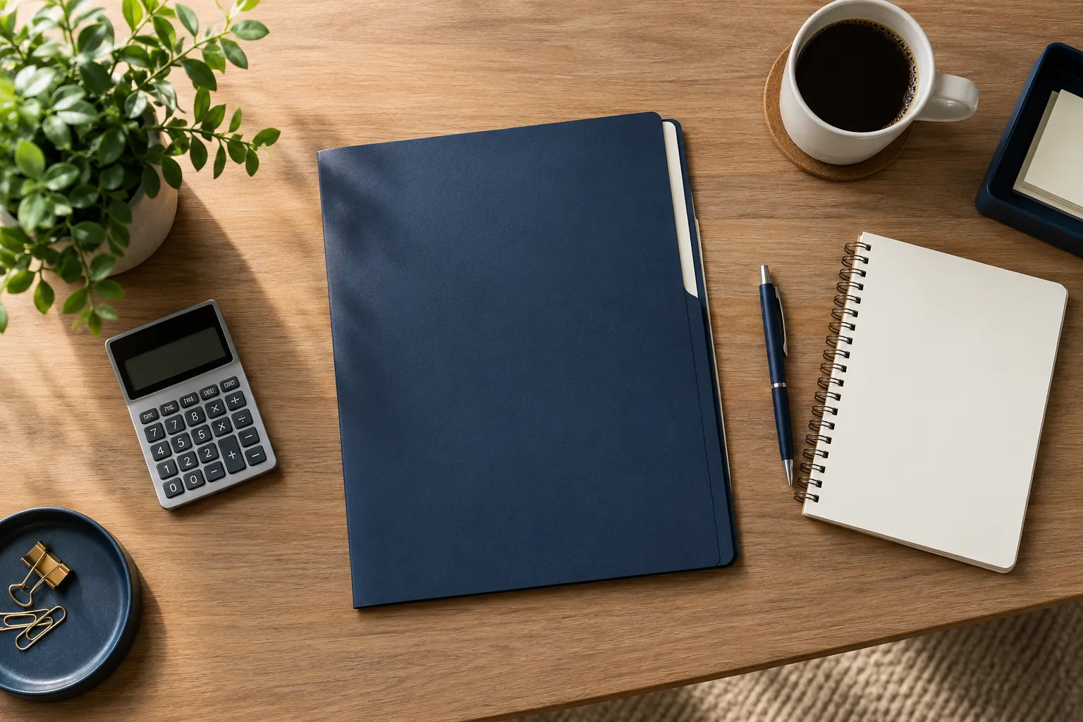Notebook, calculator, and folder arranged for a business review.