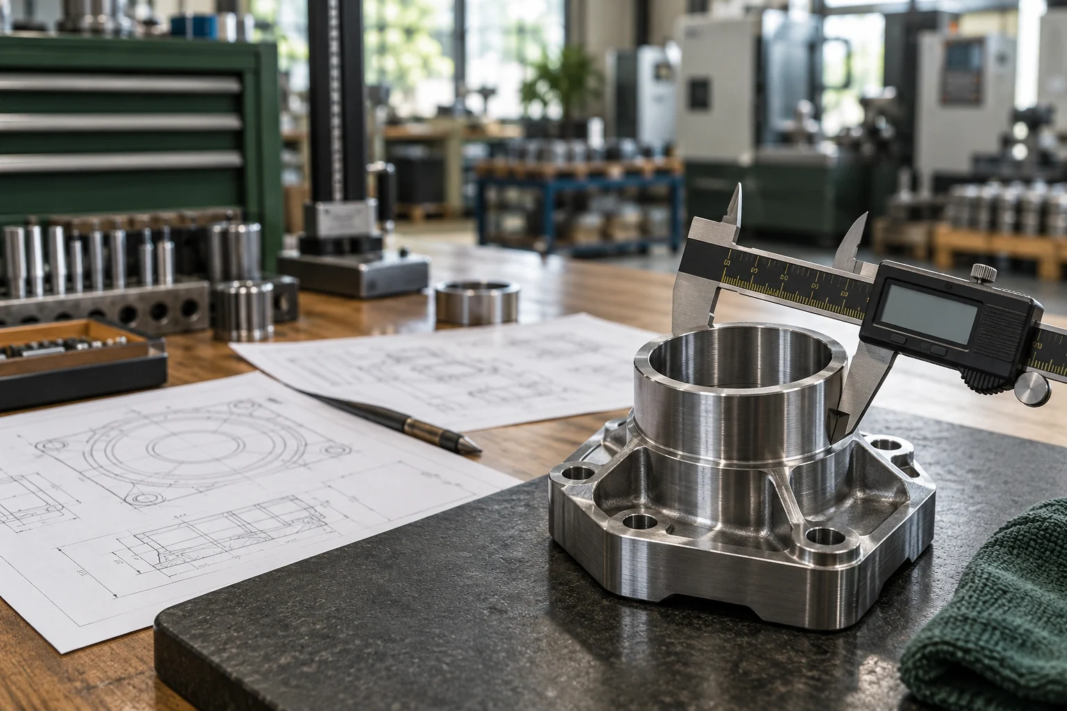 Precision metal component being measured with a caliper at a manufacturing quality-control workbench.