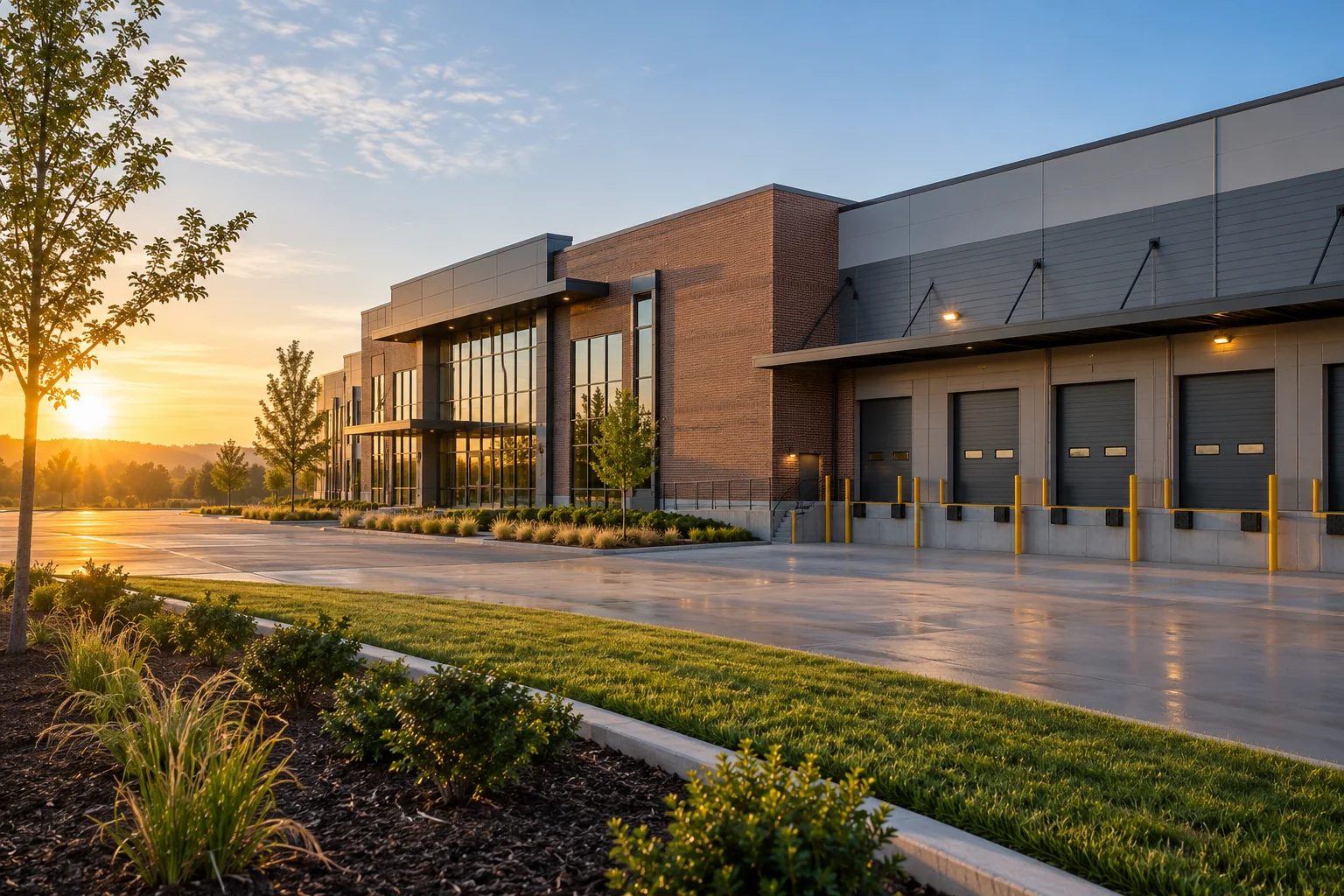 Commercial building and loading doors in early morning light.