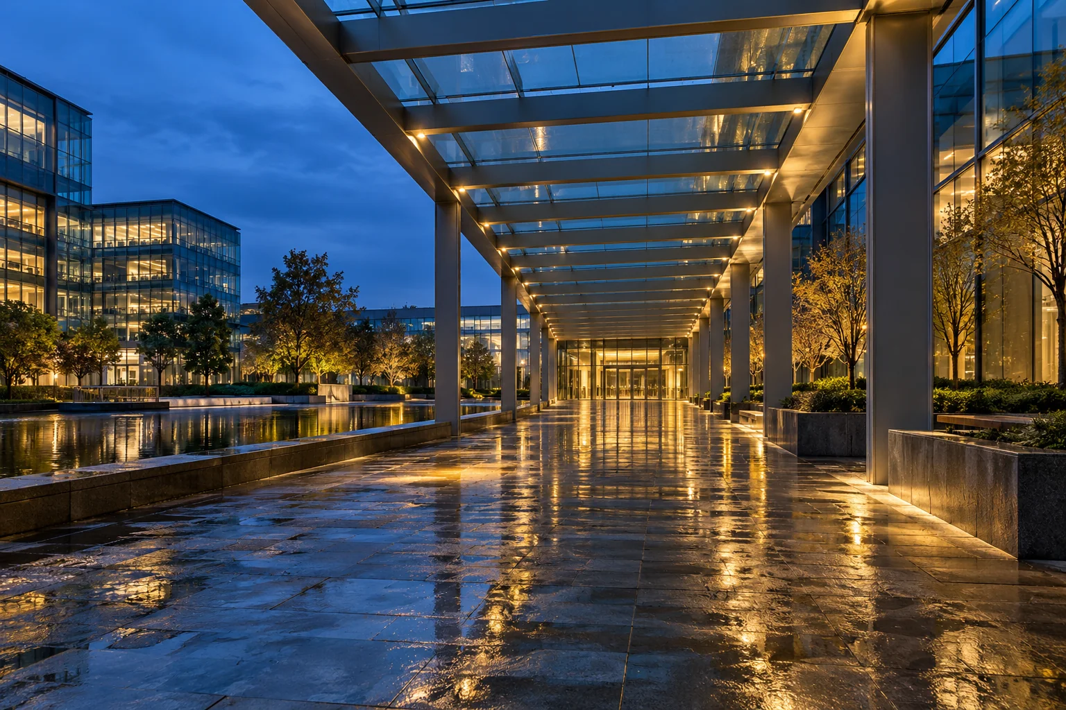 Glass and steel canopy covering a business campus walkway after rain.