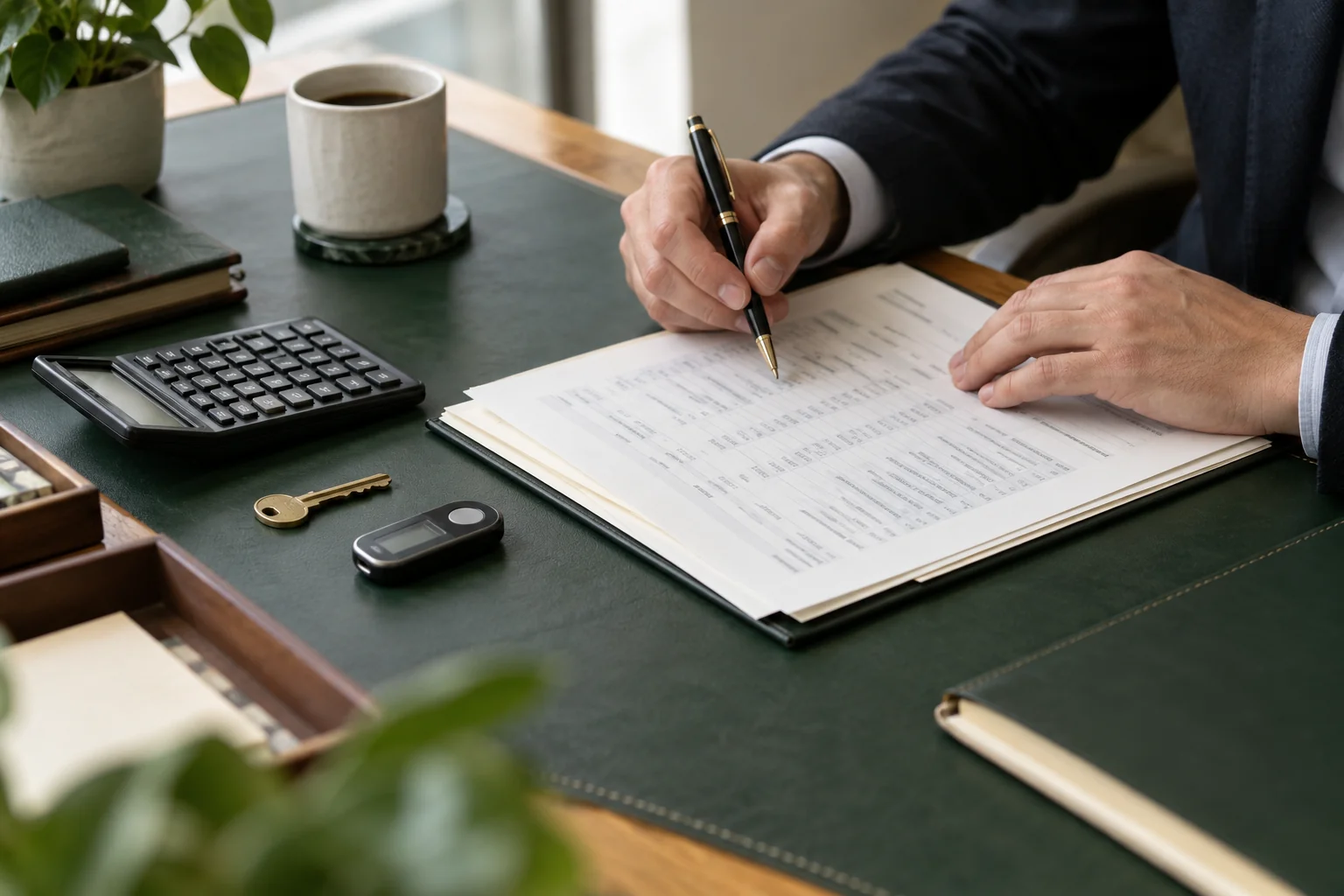 Payment approval documents, calculator, key, and authentication token on a finance desk.