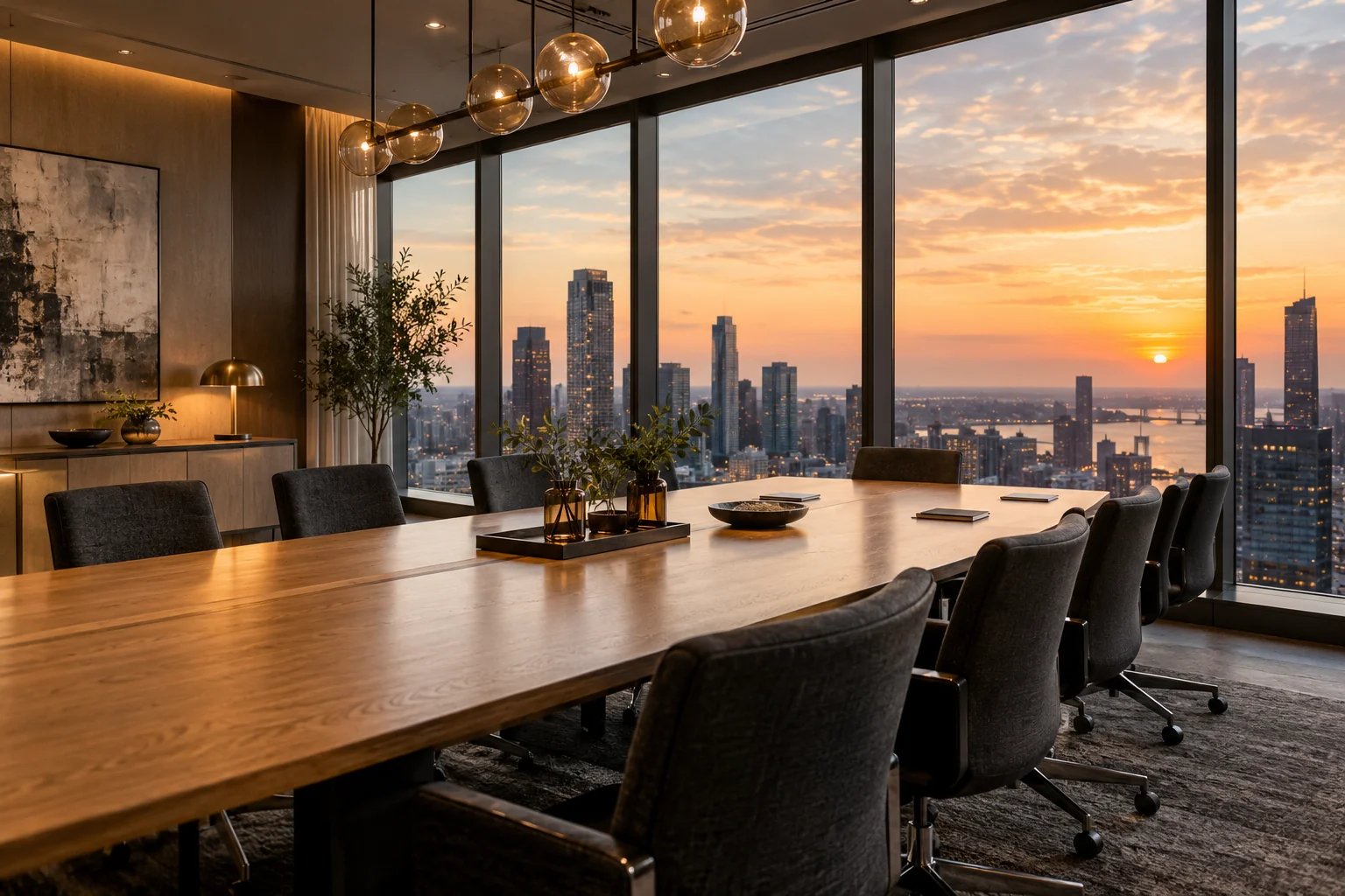 Executive boardroom with an oak table and city skyline windows.