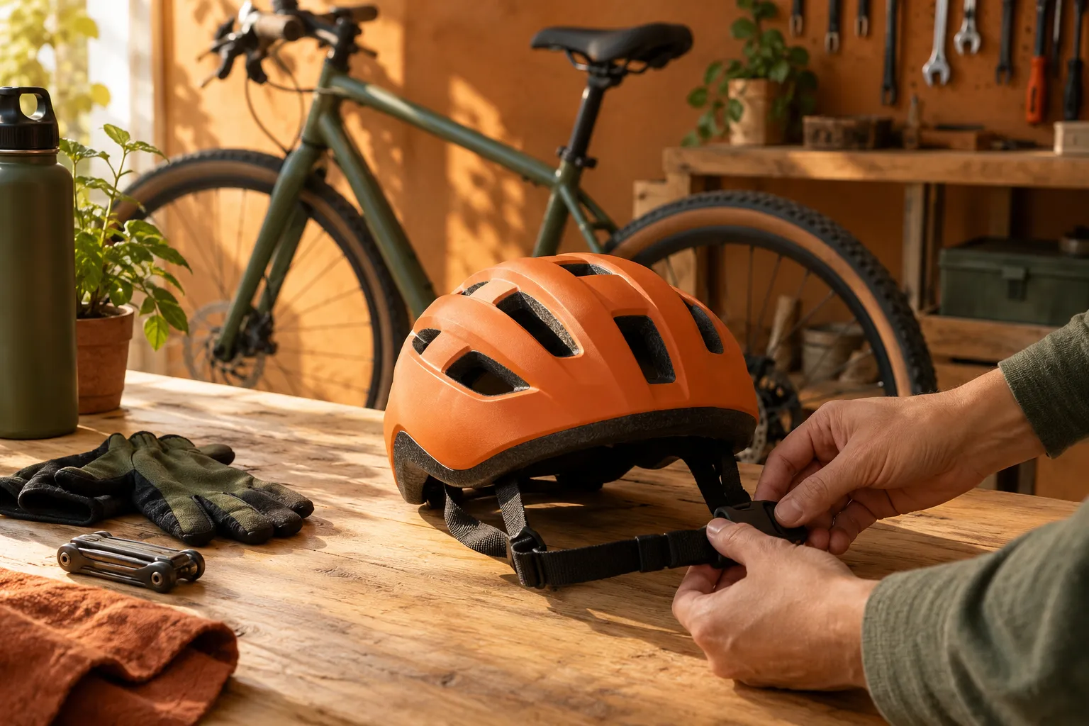 A bicycle helmet undergoing a strap check at a product design workbench.