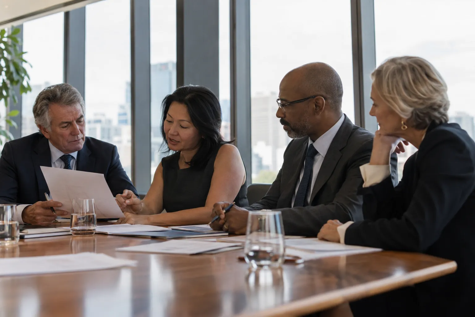 Business leaders reviewing documents around a boardroom table.