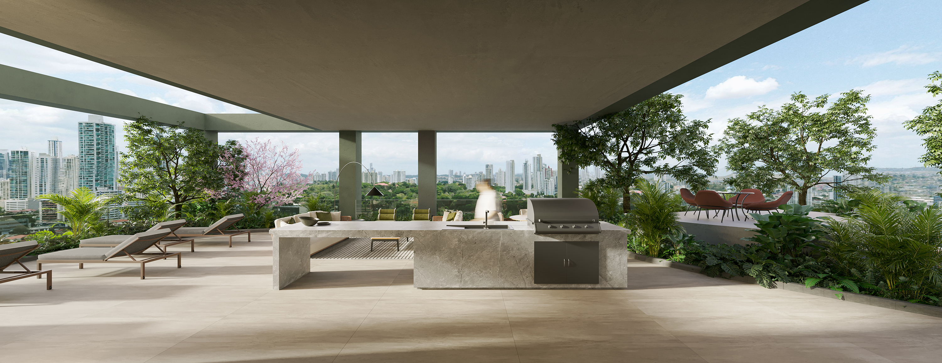 Render de terraza exterior con vegetación en A19 Cincuentenario