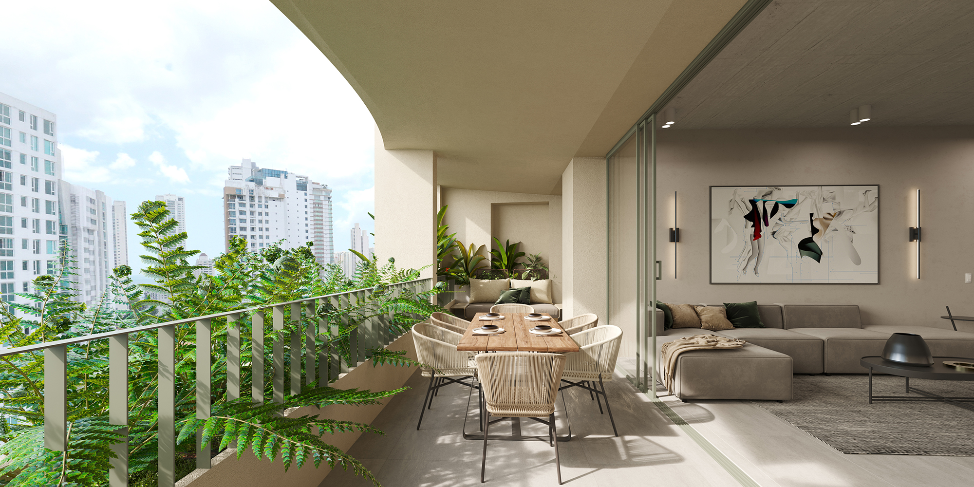 Render de terraza verde en A19 Cincuentenario