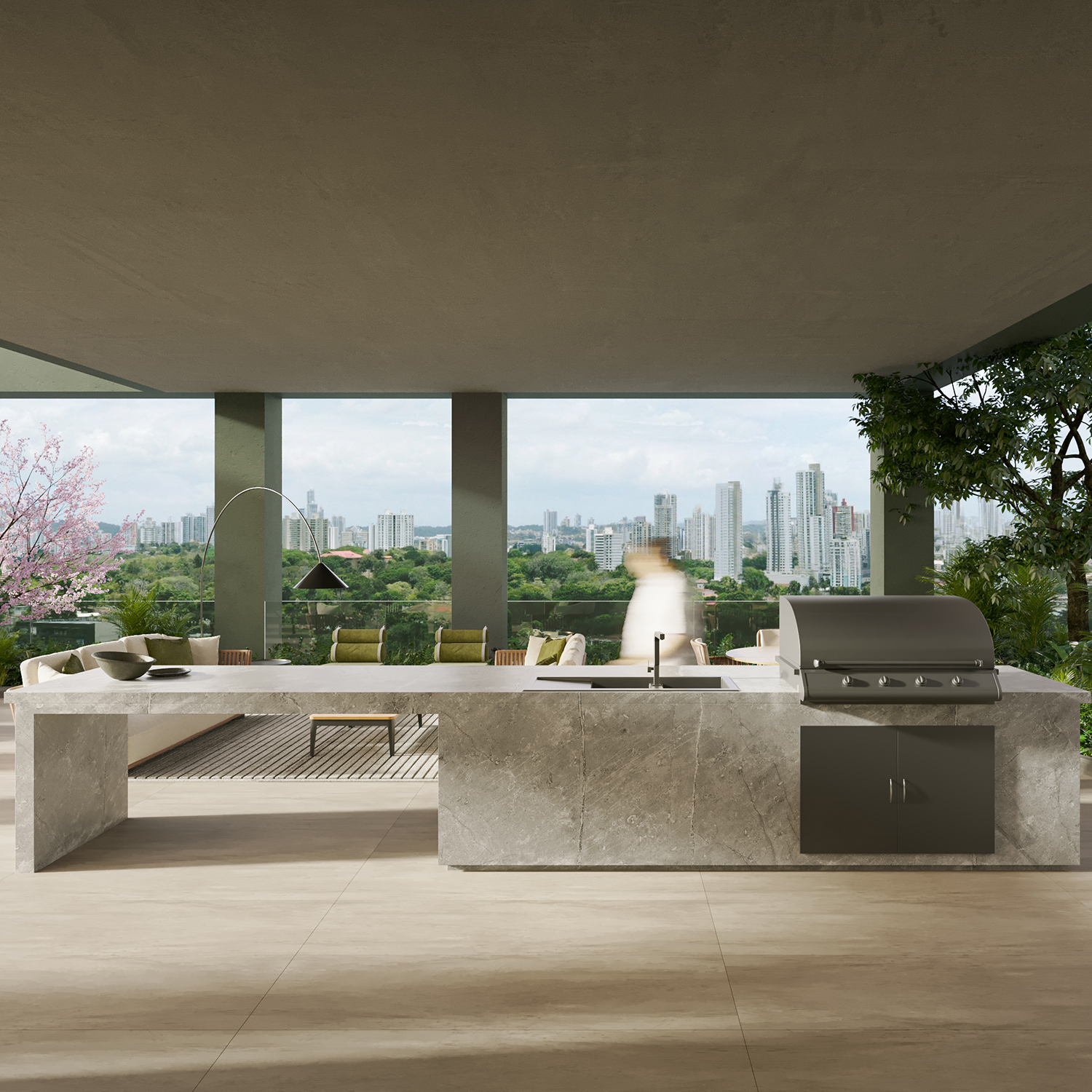 Render de terraza de A19 Cincuentenario con sombra y vegetación
