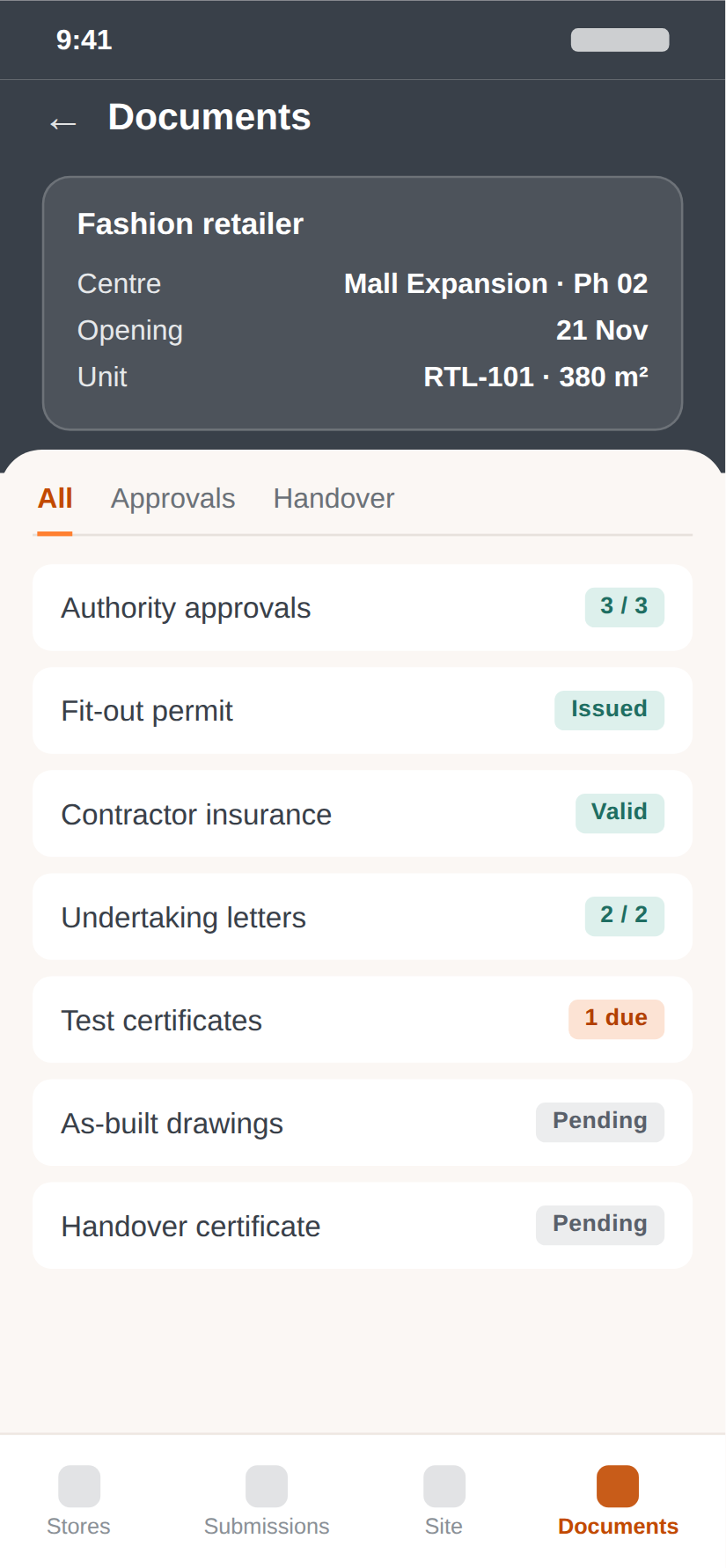 VRDnet mobile: documents screen