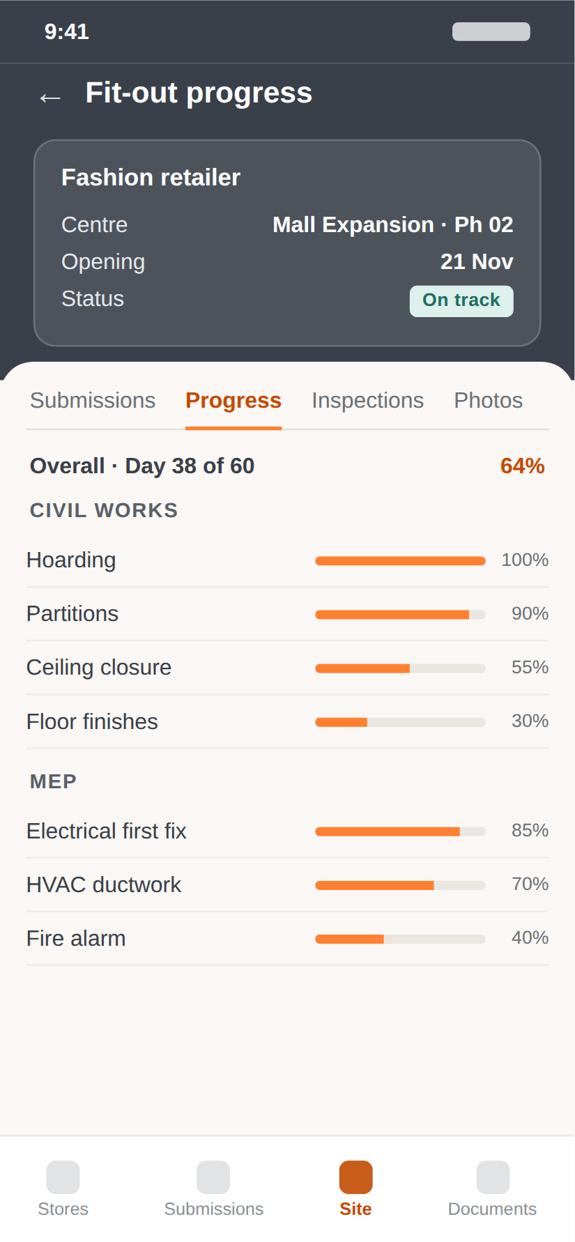 VRDnet mobile: fit-out progress screen