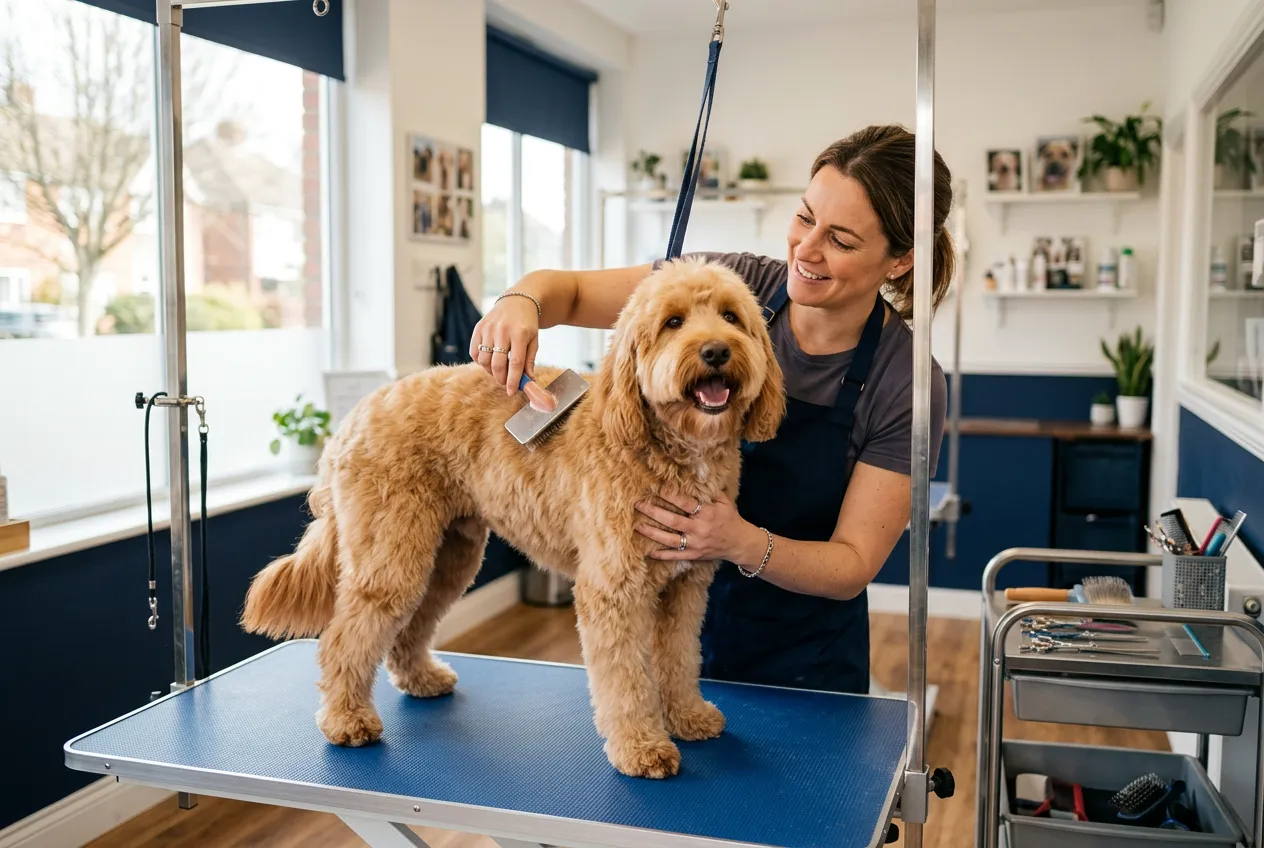 Pet groomer brushing a happy golden doodle on a grooming table in a bright salon with natural light