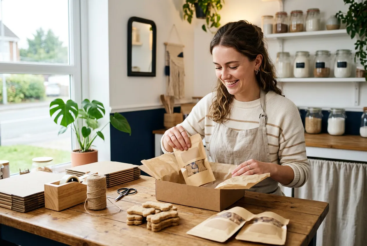 Pet bakery owner packing homemade dog treats into a shipping box for an online order