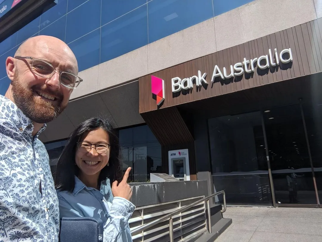 Beck and Simon at a Bank Australia branch
