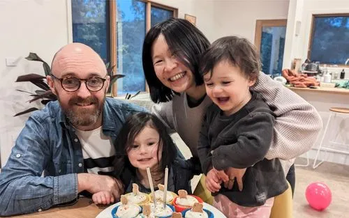 Simon, Becky, Margie and Arthur Smallchua celebrating the first family birthday in their new home!