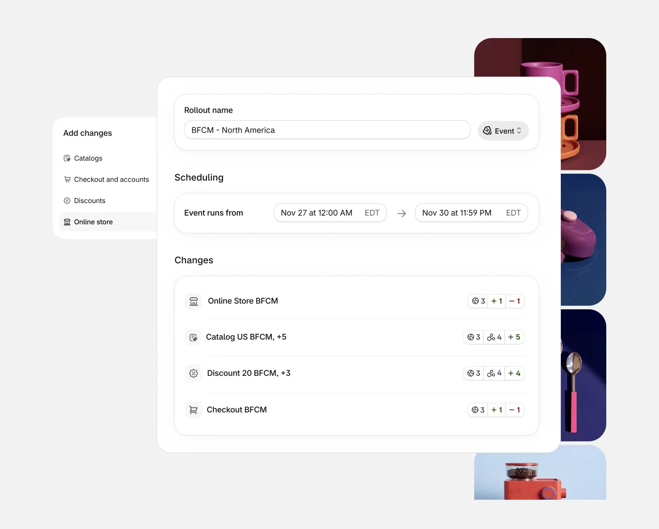 Shopify rollout scheduling a BFCM launch across online store, catalogue, discount and checkout