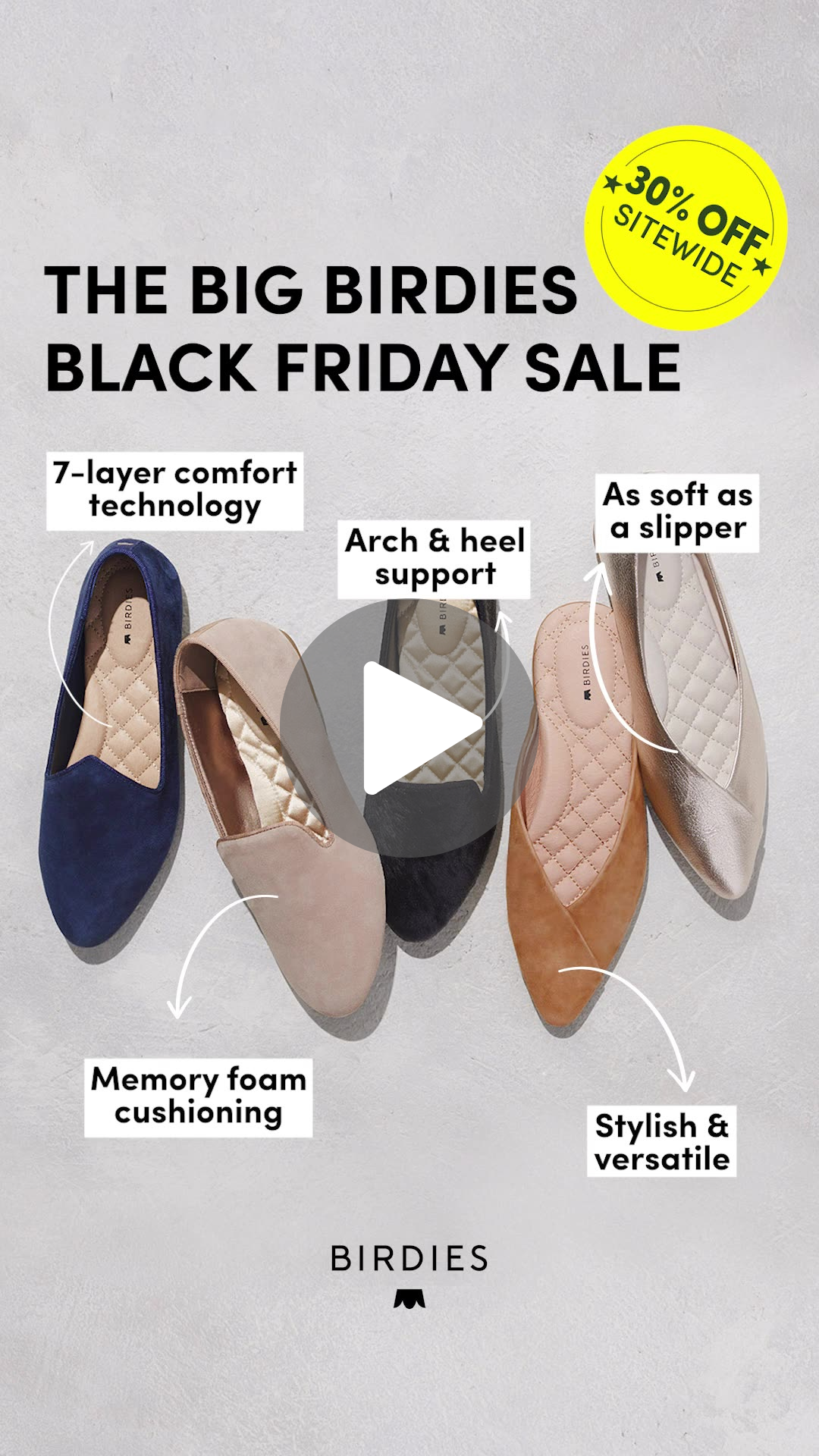 Still from the Birdies Black Friday ad with a 30% off sticker