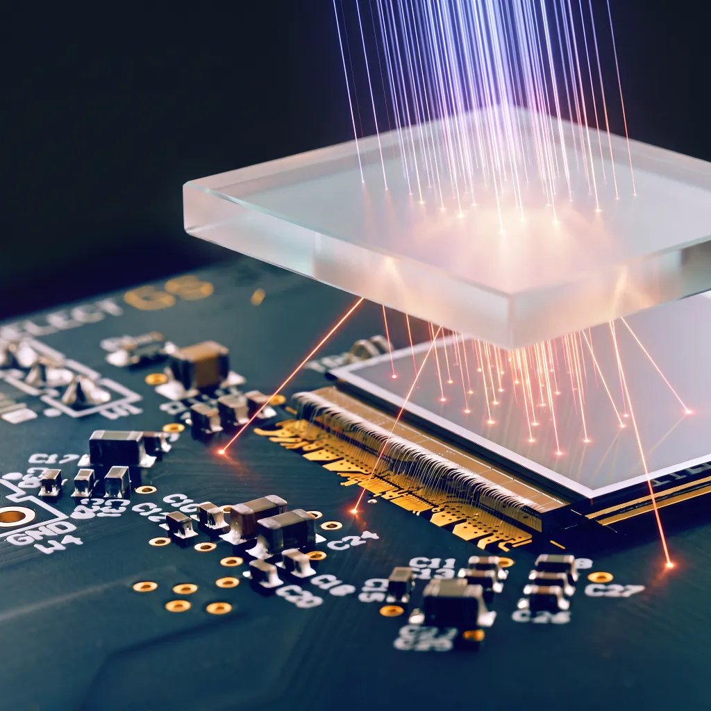 Photon counting detector chip on a circuit board, with light striking the sensor