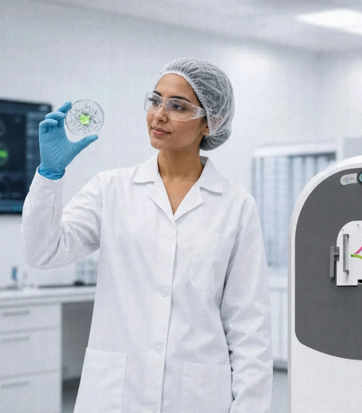Researcher in a lab examining a sample dish beside a MARS Microlab scanner