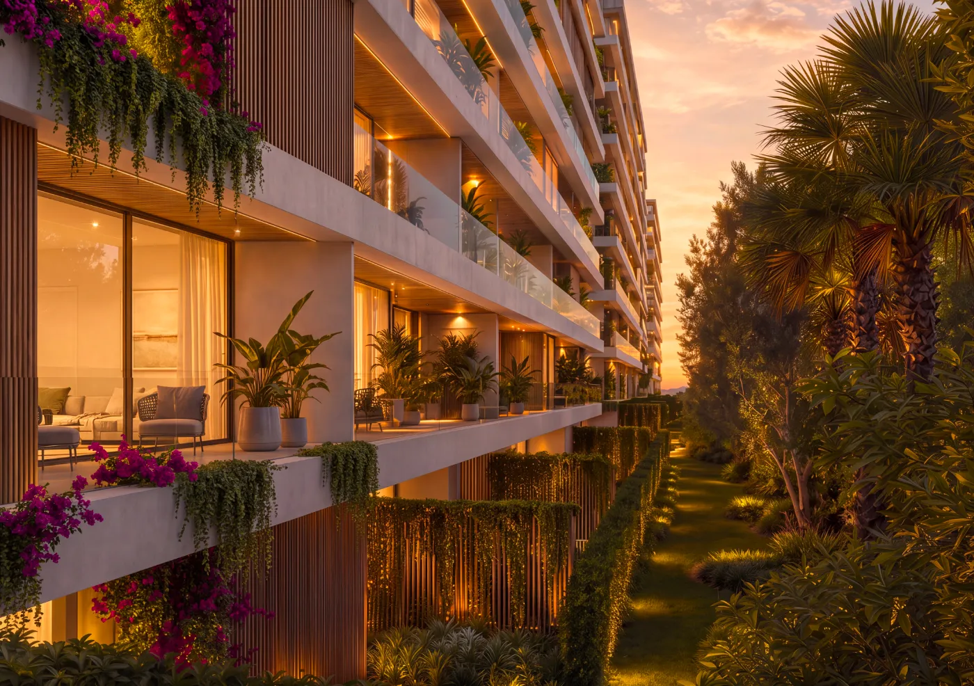 Garden terraces at Lunaya by Zaya at sunset