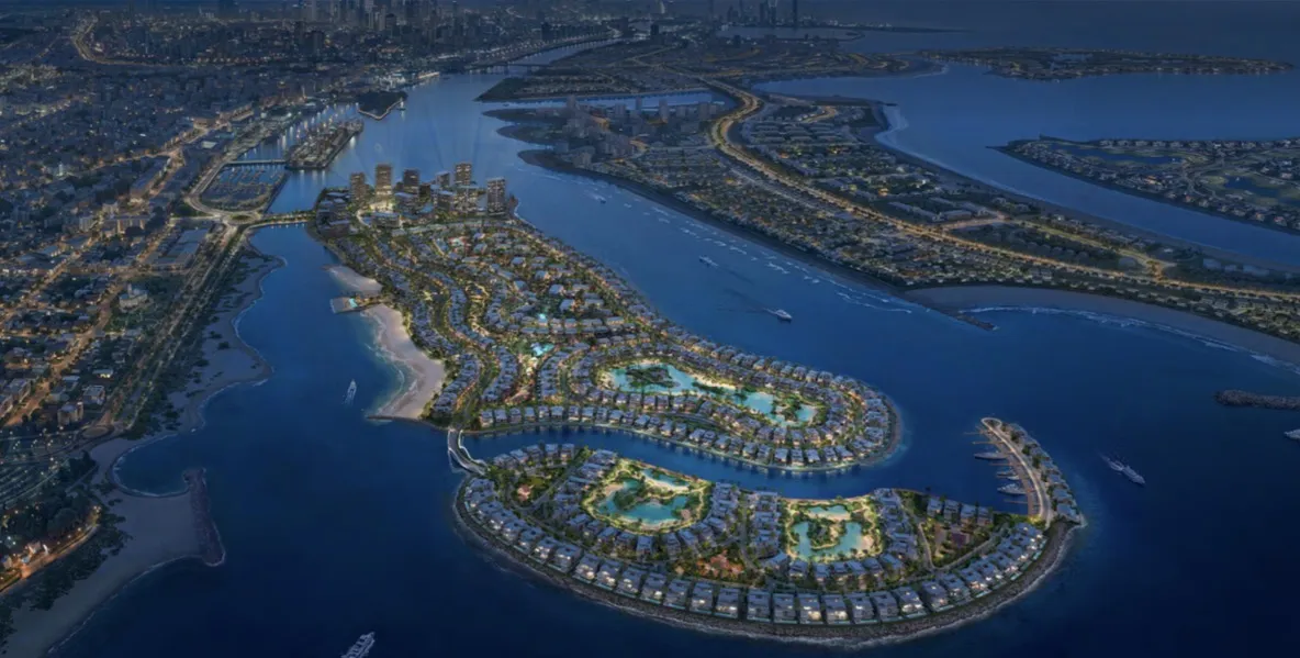 Aerial view of Bay Estate on Island E, Dubai Islands, at night