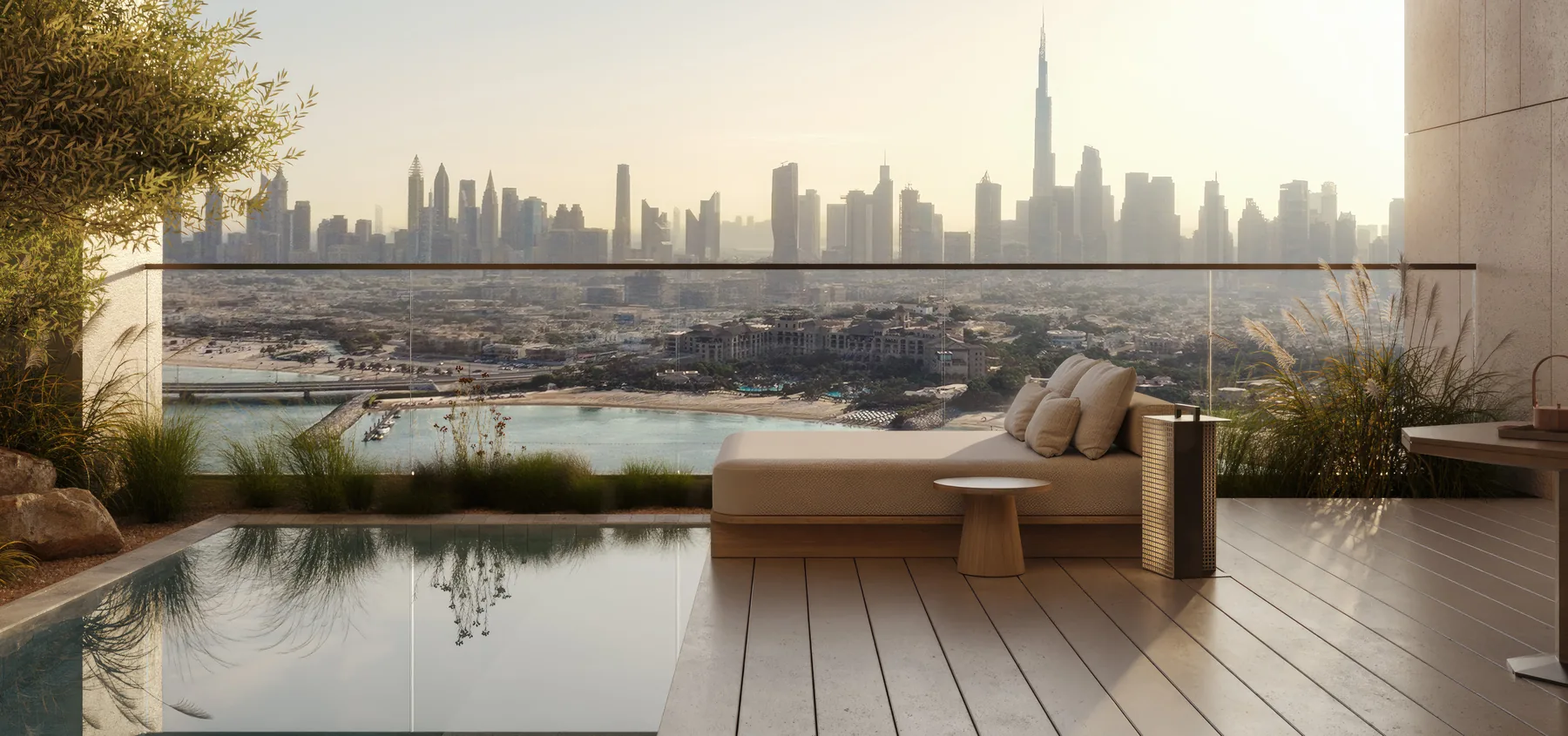 Aman Residences Dubai terrace pool with Dubai skyline view