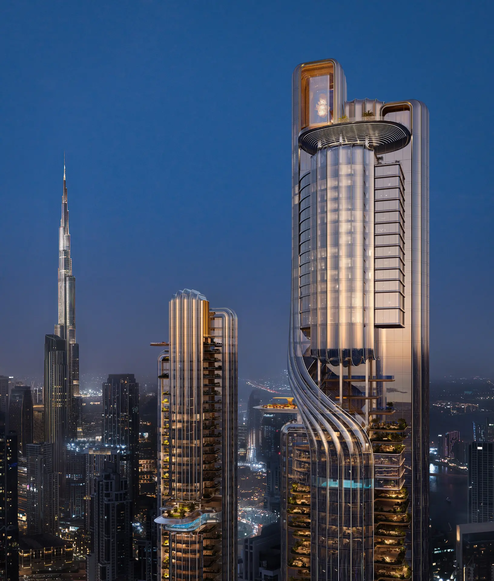 LUMENA ALTA crown at night next to Burj Khalifa