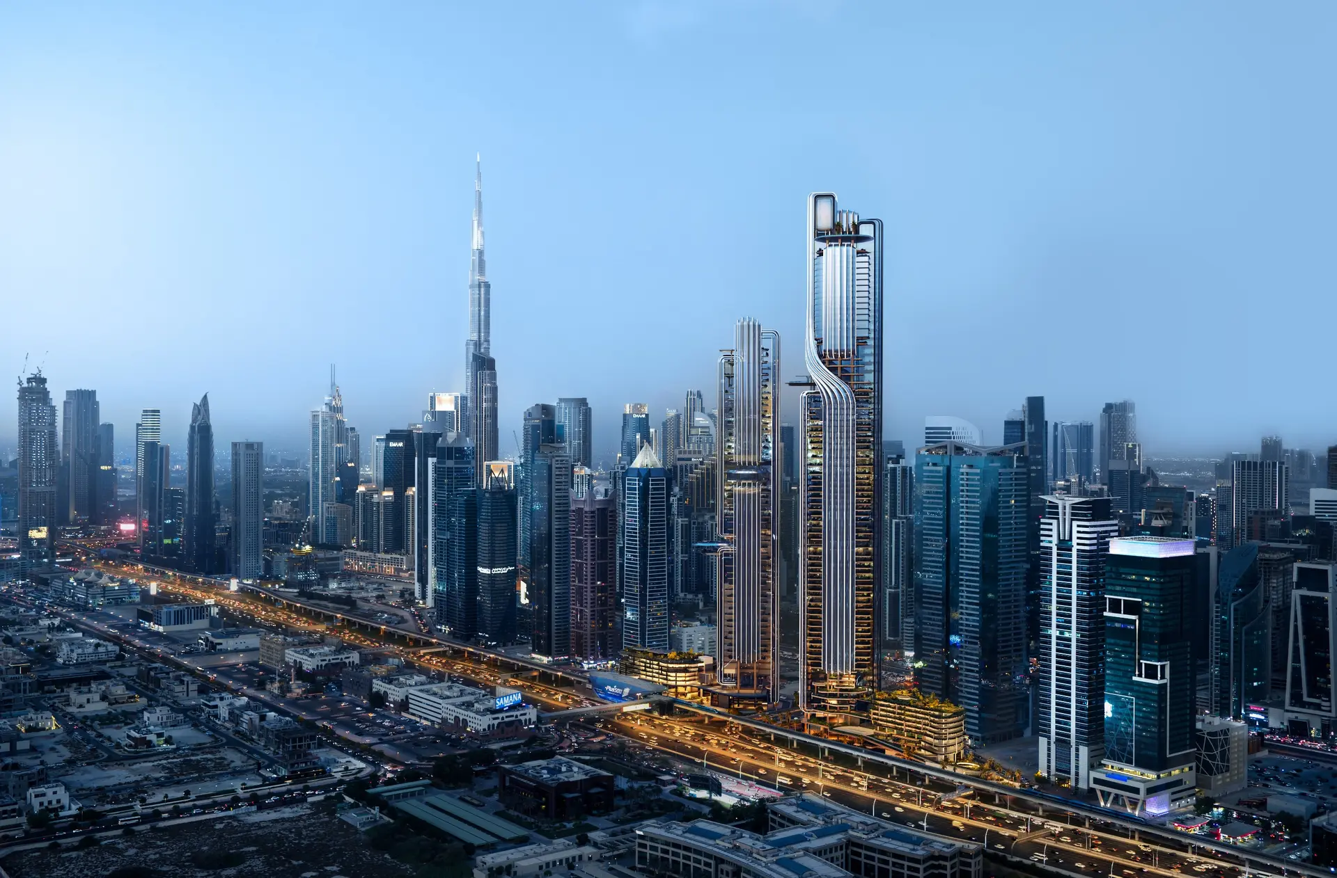 Dubai skyline at dusk with Burj Khalifa and Business Bay