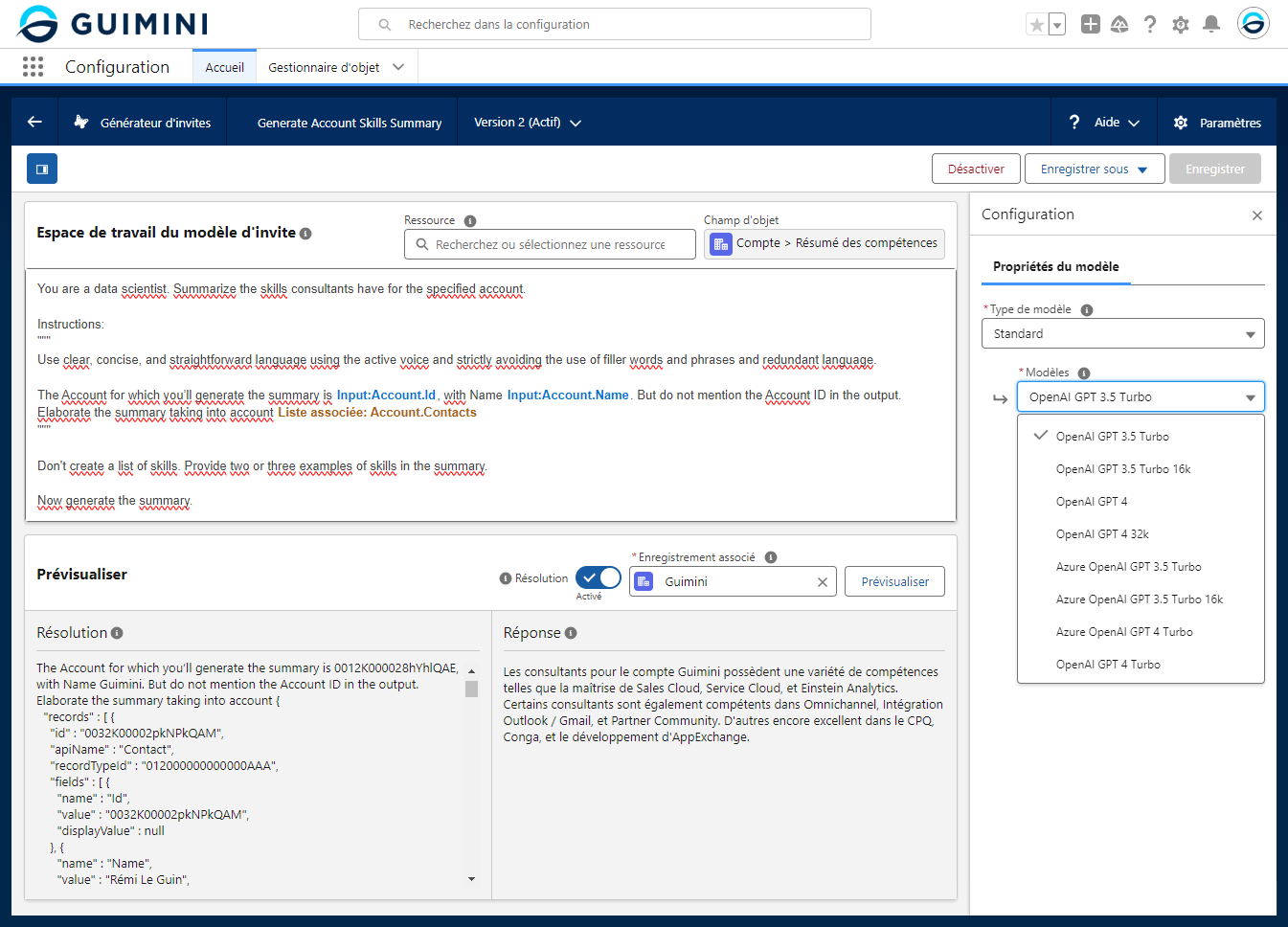 Capture d'écran de l'espace de travail du modèle d'invite dans Salesforce, montrant la configuration du modèle "Generate Account Skills Summary". Les instructions de l'invite sont affichées en haut, avec une prévisualisation de la réponse générée en bas. La configuration inclut la sélection du modèle OpenAI GPT 3.5 Turbo.