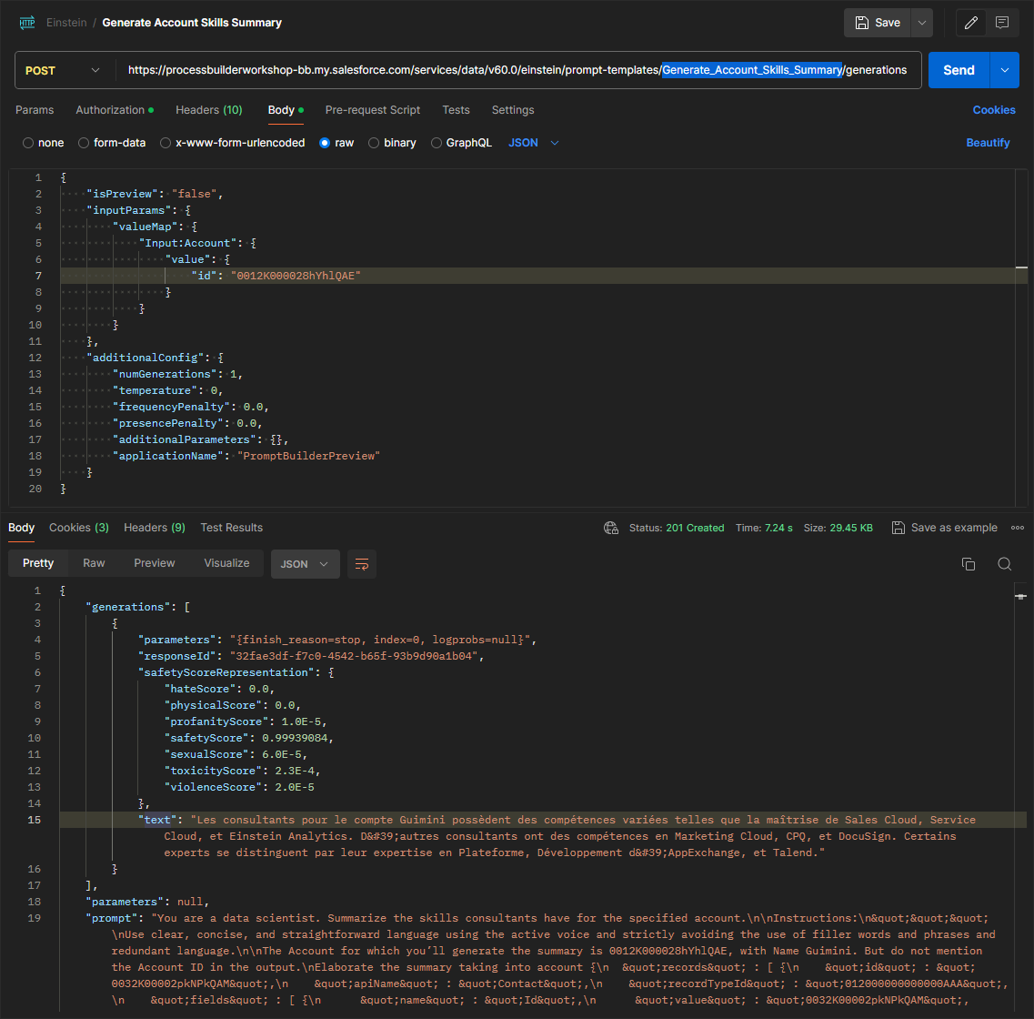 Capture d'écran de Postman montrant une requête POST pour générer un résumé des compétences de compte à l'aide de l'API Einstein de Salesforce. La requête inclut des paramètres JSON et la réponse contient le texte généré détaillant les compétences des consultants.