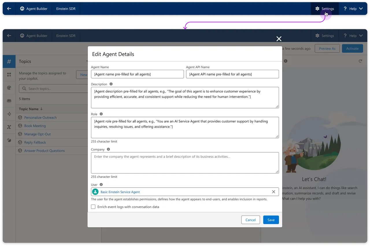 Capture d'écran de l'interface d'Agentforce de Salesforce montrant la configuration d'un agent IA avec des champs personnalisables, tels que le nom, la description et le rôle de l'agent, dans l'outil Agent Builder pour créer des assistants virtuels sur mesure.