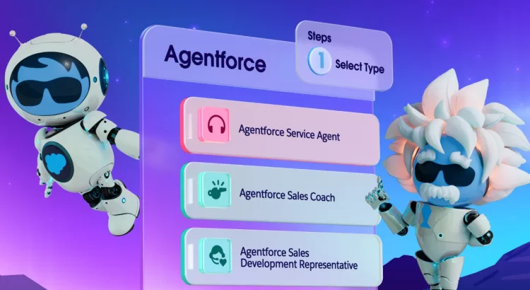 Illustration d'Agentforce de Salesforce montrant trois agents IA : Service Agent, Sales Coach, et Sales Development Representative, représentés par un robot futuriste avec des traits rappelant Einstein, sur une interface numérique colorée