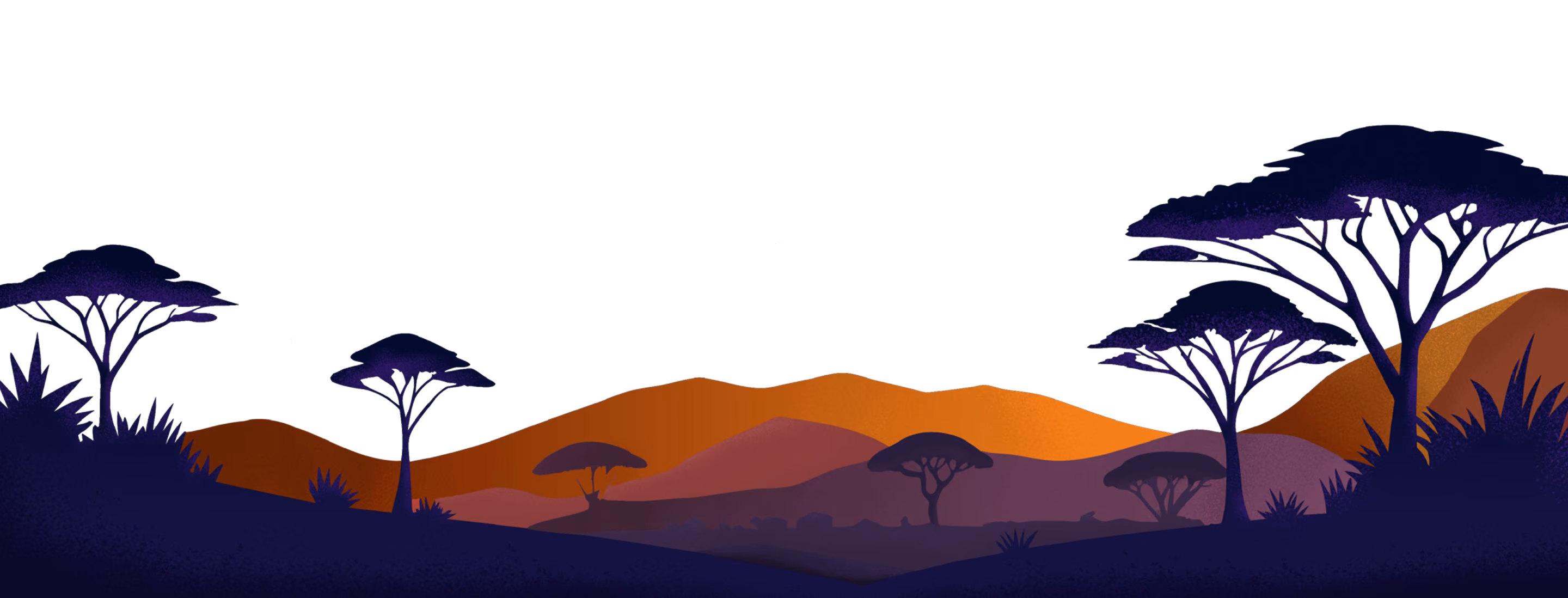 Paysage de savane stylisé au crépuscule avec des acacias violets et des collines orangées en arrière-plan.