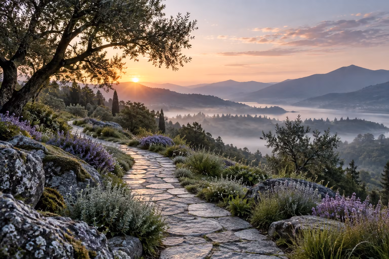 A stone path through green hills at dawn