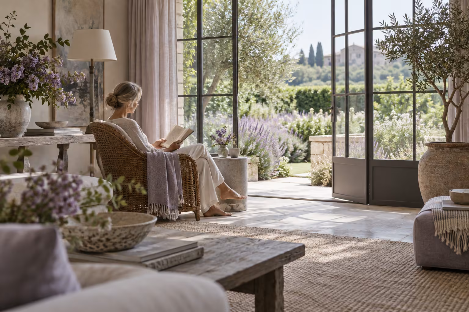 A woman reading by a garden window
