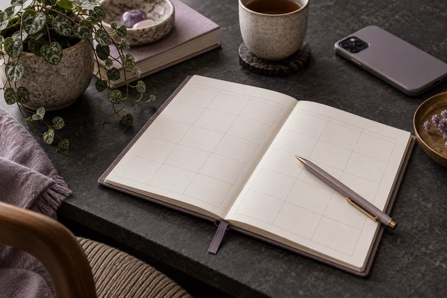 A paper planner and pen on a desk