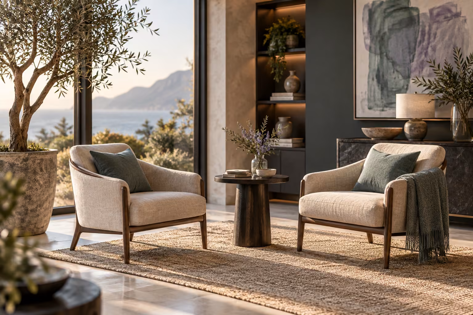 Two armchairs in a calm, sunlit consultation room with a coastal view
