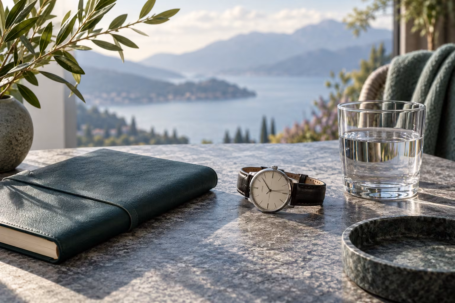 A watch, notebook and glass of water