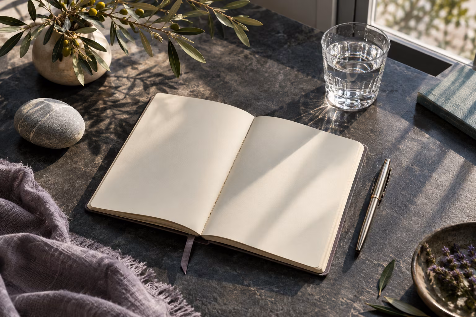 A journal and glass of water in natural light