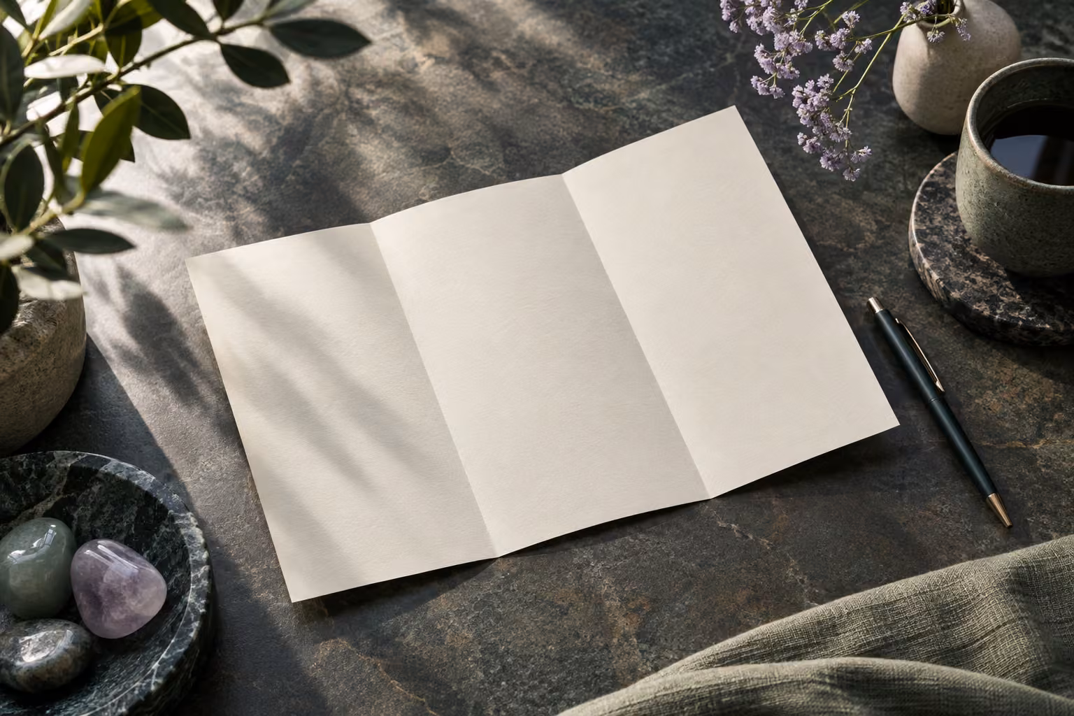 Folded paper plan opened on a dark stone desk beside a pen