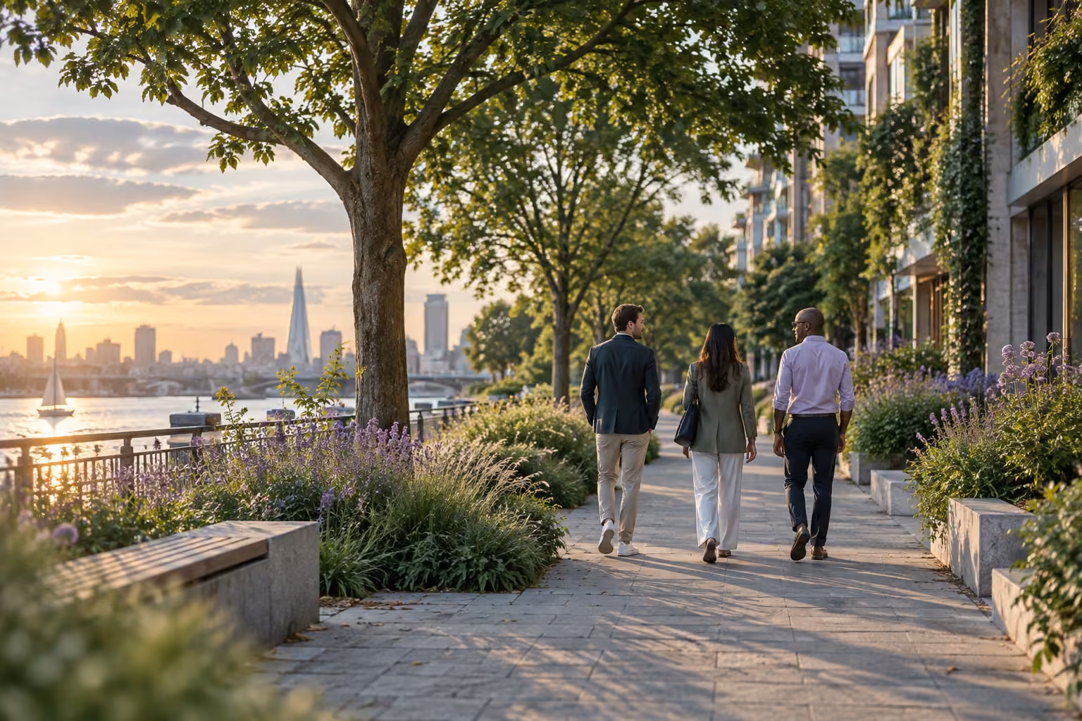 Three adults walking together along a tree-lined path.
